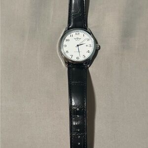 Black Leather Strap Watch with White Dial